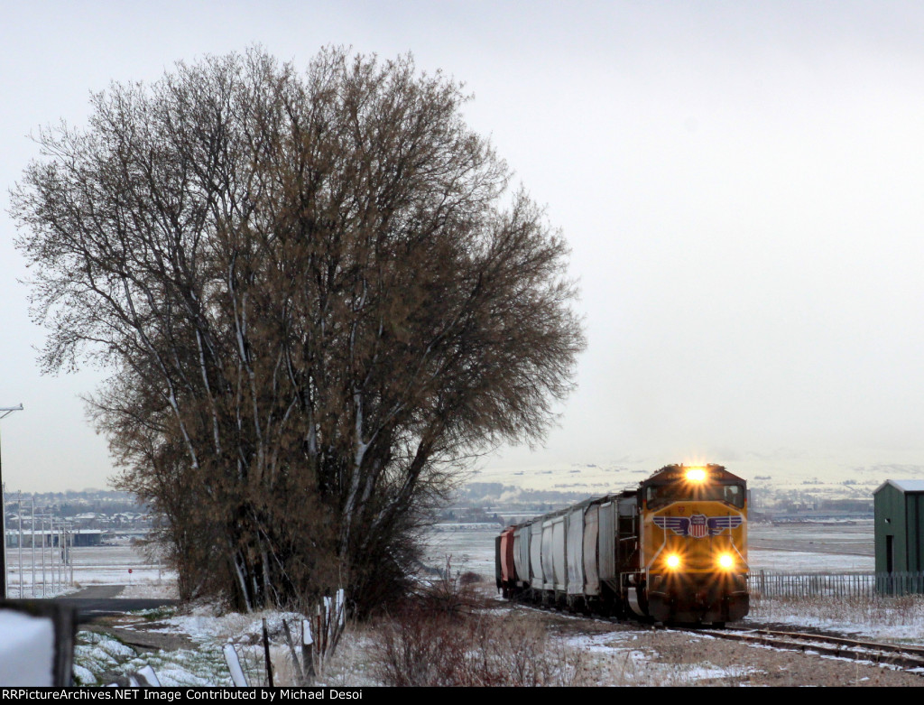 UP SD70M #4367 leads the northbound Cache Valley Local (LCG-41C) passing the "Big Tree" off 400 W. in Smithfield, Utah April 13, 2022
